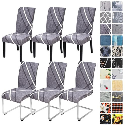 Alishomtll Stretch Stuhlhussen 4er/6er Set Grau Stuhlbezug Schwingstuhl Elastische Hussen Abnehmbarer Waschbarer Stühle Schutz für Esszimmer Küche Restaurant Hotel Bankett (Grau Weiß Linien, 6 Stück)