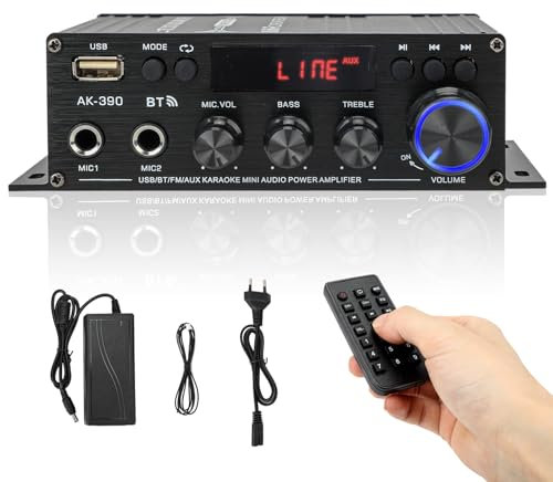 Amplificatore Audio Stereo, 600W 2 Channel Bluetooth 5.3,RMS 60W X 2,Radio Portatile per Auto o Casa,Home Theater,Altoparlante Auto W/Mic USB FM Radio
