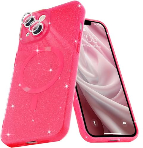 Micoden for iPhone 15 Case [Compatible with Magsafe] Magnetic Phone Case Glitter Bling Sparkle Women Girl Shockproof with Camera Protector for iPhone 15,Hot Pink