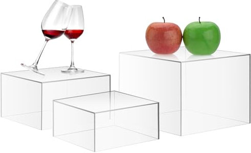 Cliselda 3 Stück Klare Schaukasten, Vitrine Mit Hohlem Boden, Acryl Würfel Riser Display Ständer Box für Cupcakes, Süßigkeiten, Desserts, Buffets, Schmuck (Groß)