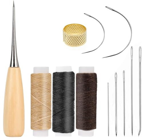 Set di aghi in pelle, 3 rotoli di filo di cera, filo per pelle, antistrappo, aghi da cucito, ditale, riparazione per tappezzeria, tappeti, divani, sedili a vela e riparazioni di scarpe (3 filo cerato)