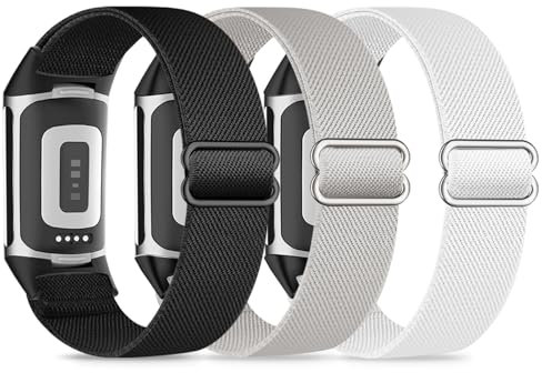 Wizvv 3 Stück Elastische Armband Compatible with Fitbit Charge 5/Fitbit Charge 6 Armband für Damen Herren, atmungsaktives Verstellbarer Dehnbarer Nylon Ersatzarmband für Fitbit Charge 5/Charge 6
