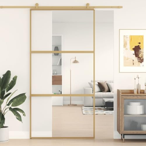 Homgoday Porta scorrevole color oro, 102,5 x 205 cm, in vetro ESG trasparente e alluminio, porta scorrevole, porta scorrevole, per interni, materiale da costruzione di tipo 5