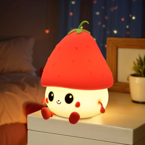 FECONN Cute Strawberry Night Light, Silicone Rechargeable Nightlight for Kids, Baby, Toddler, Girls, Dimmable LED Bedside Table Lamp, Kawaii Room Decor, Night Lights for Children Bedroom, USB Charge