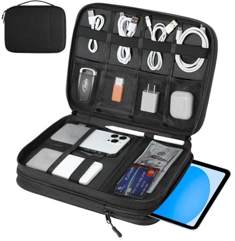 Dadanism Electronics Organizer Travel Case, Double Layers Cord Organizer Travel for Cable,Cord,iPhone,iPad,Chargers, Travel Electronic Organizer for 9-11'' Tablets, Portable Cable Organizer Bag, Black