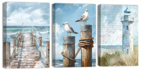 ZQQART 3 teiliges Wandbild auf Leinwand abstrakt Ozean Leuchtturm Gemälde Küstenlandschaft Bilddrucke Meer See Haus Schlafzimmer Dekor Rahmen(Blau,30x40cmx3 Pieces)