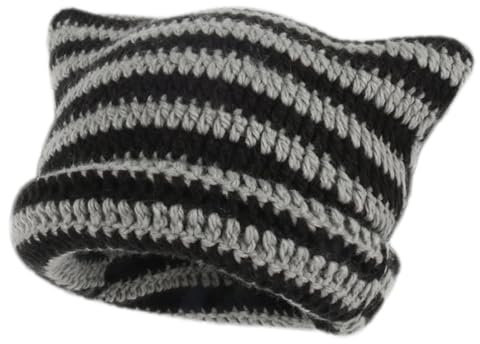 Cat Ear Beanie Gestreifte Katzenohren Beanies Gestreifte Cap Kopfbedeckung Niedlich Strickmützen Slouchy Beanies Y2k Gothic Accessoires Slouchy Winter