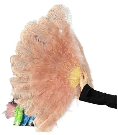 JDQTPOET 13Bones Pink Ostrich Feather Fan Belly Dance Show Fans Halloween Party Wedding Stage Props Held Folding Feather Fans(Peach pink,130cm 2pcs)