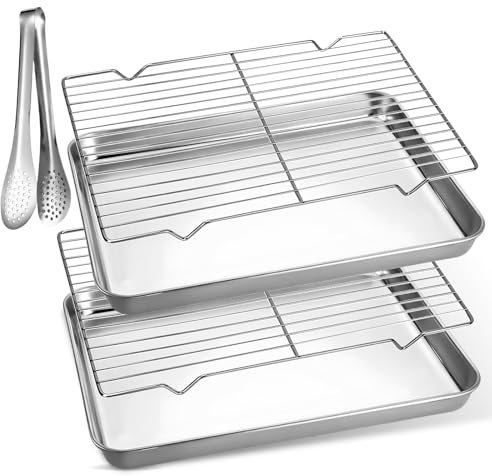 Plaque De Cuisson Avec Grille De Refroidissement, 2 Pièces Plaque Patisserie Avec Clip Alimentaire, Plaque De Four, Plateau Inox, Plaque De Cuisson Et Grille Pour Cuire, Servir (26X20X2,7 cm)