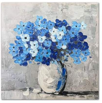 Waowumar Flowers Canvas Wall Art Blue Blossom Pictures Contemporary Palette Knife Floral Textured Painting for Bedroom Living Room Décor