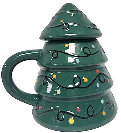 Divas World Ceramic Christmas Mugs Gingerbread House & Gingerbread Man and Gnome Shaped Mugs with Lids Handle Festive Coffee & Cookie Jars Cute Aesthetic Microwave Safe (Xmas Tree Shape with Lid)