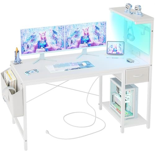 BEXEVUE Gaming Desk with Power Outlet and LED Light, 100 cm Computer Desk with Reversible Shelves and Storage Drawer, Desk for Home Office Table with Bag, White