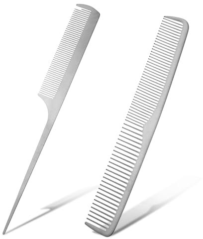 2 Stück Metall stielkamm Silber Edelstahl-Haarkamm Set, Metall Rattenschwanzkamm, Professionelle Friseurkämme, Antistatischer Kamm, Feine Zähne, Schneidkamm, Haarstylingkämme für Männer und Frauen