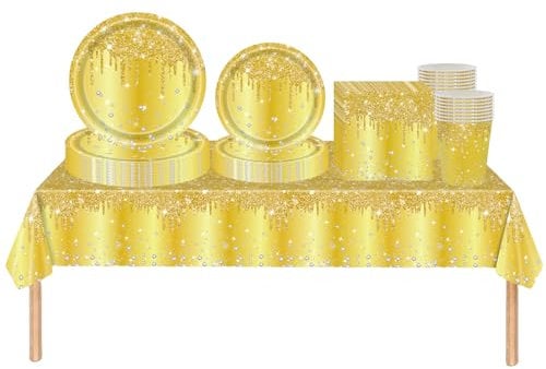 69pcs Gold Shiny Glitter Diamond Party Tableware Set Plastic Tablecloth,Paper Plates Napkins and Cups Disposable Dinnerware Set for Kids Adults Birthday,Wedding Christmas Gold Party Decorations