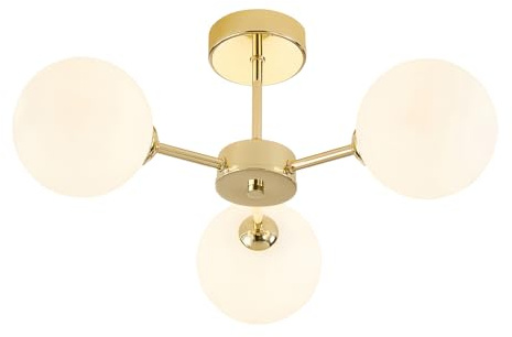 Happy Homewares Contemporary Chic Polished Gold Ceiling Light with Opal White Round Globe Glass Shades | 22cm x 44cm | 3 x 5w G9 | Class 1 Earth Required