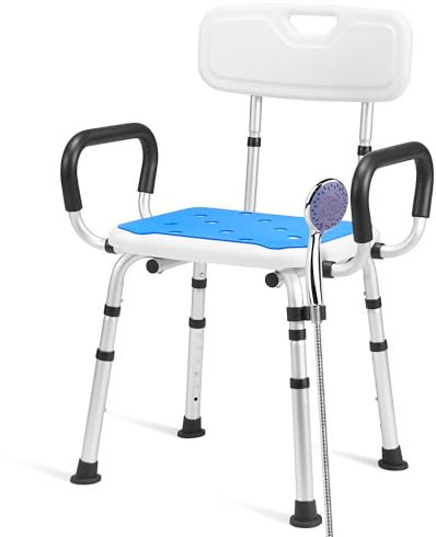 Careboda Silla de Ducha - Silla de baño para Personas Mayores - con Respaldo y reposabrazos, Ajuste de Altura en 6 Posiciones, Capacidad de Carga 136 kg, Adecuada para bañera y Ducha