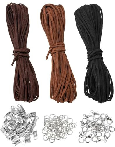 TPZORJX 3 Pezzi Cordino in Pelle,Corda in Pelle per Collana,Cordoncino per Braccialetti,Vintage Corde in Pelle,10 m x 3 mm,con 100pcs Accessori Chiusura,Per Realizzare Collane con Braccialetti