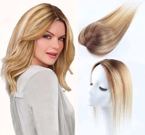 Unipearl Haar Toppers für Frauen Echthaar Mischfarbe Clip in Haarteile Echthaar für Dünnes Haar Oberkopf Flauschiger Hair Topper Ohne Pony
