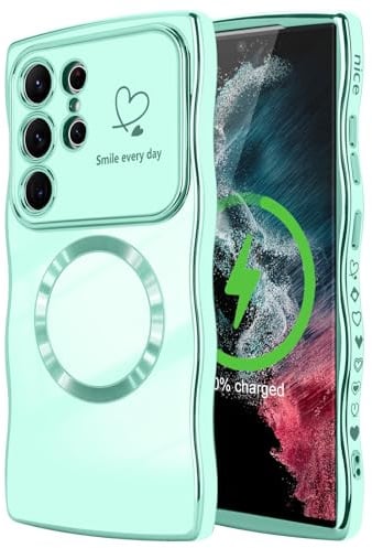 LCHULLE Magnetische für Samsung Galaxy S22 Ultra 5G Hülle Wellen,Hellgrün | Kompatibel mit MagSafe,Wellen Lockige Form Handyhülle,Herzmuster Schutzhülle mit wellenförmigem Design, Wavy Heart Case