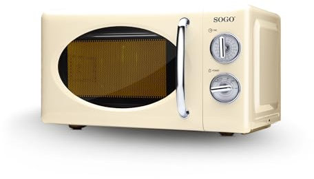 SOGO HOR-SS-890-BG Retro-Mikrowelle freistehend, 20 Liter, mit Timer und Auftaufunktion, 5 Leistungsstufen, 700 Watt, Beige