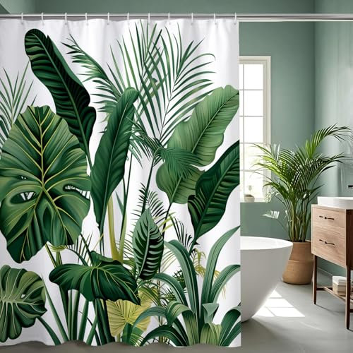 NEJLCTOROUS Rideau Douche Vert, 180x200 cm, Feuille de Palmier Tropical Verte Rideau, Bain Tissu Polyester Lavable Salle de Bain avec 12 Crochets