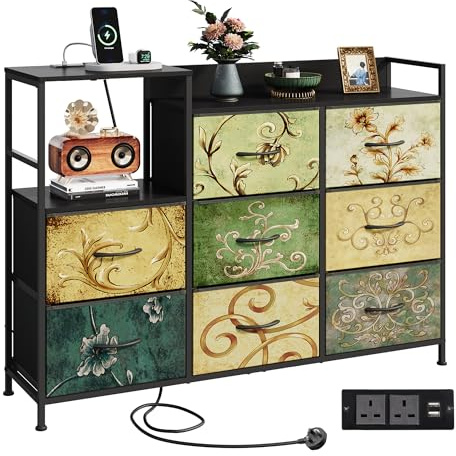 WLIVE Chest of Drawers with Charging Station, 8 Fabric Storage Drawers with Metal Frame and Wooden Top, TV Media Console Table Open Storage Shelves for Bedroom, Living Room, Hallway, Retro