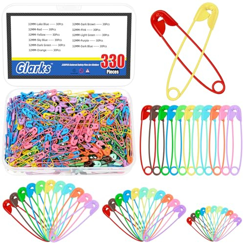 Glarks 330pcs 6.8 x 32mm Multicolored Sharp Edge Safety Pin Kit, 11 Colors Metal Safety Pins, Heavy Duty Safety Pins Bulk, Fastening Safety Pin Clips for Clothes Tags, Crafting, Sewing