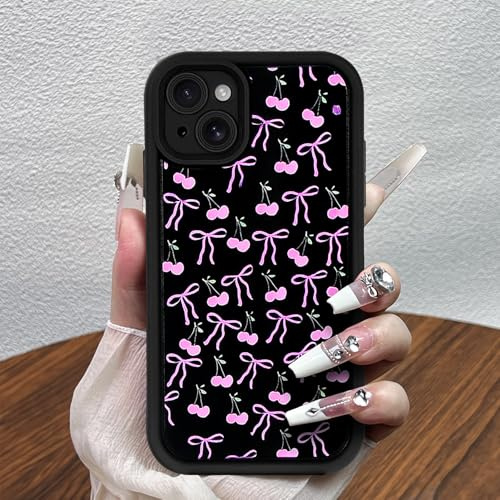 Potok Cherry Bow Phone Case for iPhone 13, Cute Pink Cherry and Bow Pattern Shockproof Bumper Black Case for Women Girls, Soft TPU Slim Girly Cute Protective Cover for iPhone 13