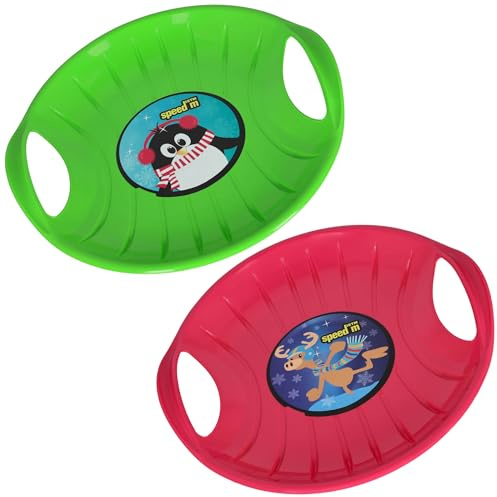 KOTARBAU® 2er Set Rutschteller - ø 60 cm - Popo Rutscher - mit Griffen - Schlitten für Kinder & Erwachsene - Bob Schlitten - Kinderschlitten - Kunststoff - Grün & Rosa