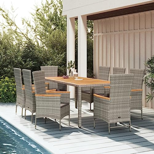 YuuSsea 9-TLG. Garten-Essgruppe mit Kissen, Grau Poly Rattan, Witterungsbeständiges Outdoor Patio Dining Set, Verstellbare Gartensessel, Balkonmöbel