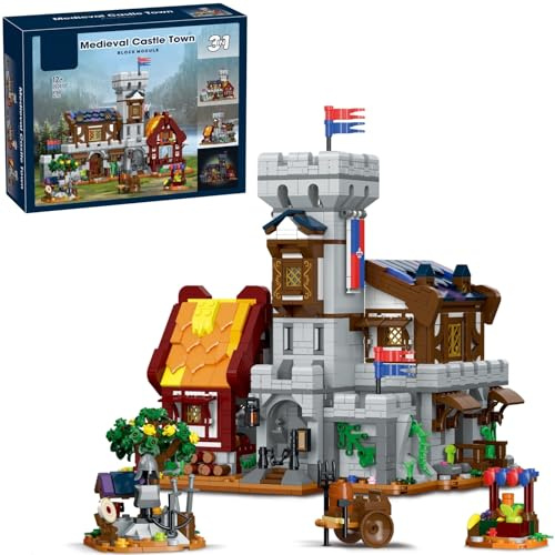 3 in 1 Mittelalterliches Burg Bausteine Set, Ritterfestung Baustein Bausatz Architektur Spielzeug, Mittelalterliches Burg Klemmbausteine Modell Heim Dekor Ideas Geschenk (1760 Teile)