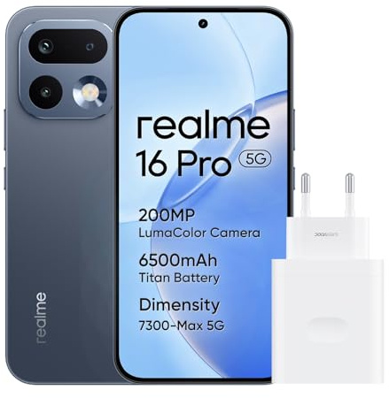 realme 16 Pro 5G Smartphone, 8Go+256Go, Écran AMOLED 144Hz 6,78, Batterie 6500mAh, Caméra 200MP OIS, IP69K, Charge Rapide 45W, Double SIM, Next AI, Gris (avec Adaptateur)