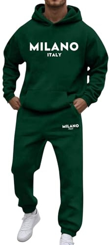 Survêtement en coton pour homme - Survêtement d'intérieur - Tenue décontractée - Sweat à capuche à manches longues avec poche et pantalon avec cordon de serrage - Imprimé lettres tendance, Vert armée