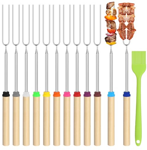 12 Stück Teleskop Grillspieße Edelstahl Grillspieße Teleskop Marshmallow Roasting Sticks Grillgabel mit Pinsel Lagerfeuerspieße für Camping Grill Gartenparty (31-81cm)