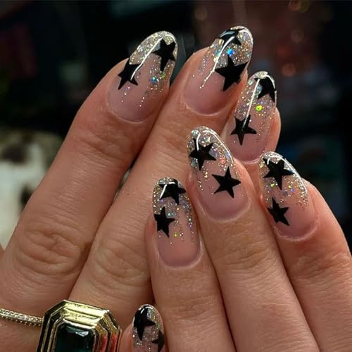 Almond Glitter Press on Nails with Black Star Design - 24PCS Short Pink Fake Nails with Glossy Nude Base and Holographic French Tips, Includes Adhesive for Women Manicure Looks
