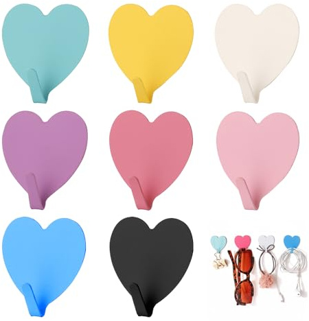 HMCEY 8 Pezzi Ganci Adesivi a Forma di Cuore,Ganci Asciugamani Bagno Adesivo,Gancio Appendiabiti da Parete Adesivi,Appendini da Muro Senza Foratura per Camera da Letto, Soggiorno, Doccia - 8 colori
