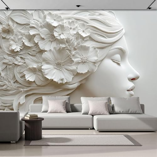 DLERFLOVR Papier Peint Panoramique Relief Papier 300x210cm - Tapisserie Panoramique Profil Femme Portant Fleurs Cheveux Poster Geant Mural Mural Décoration pour Salon Chambre restaurant, Blanc Pur