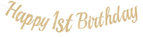 G2PLUS Aufgefädelt Happy Birthday Girlande 1 Geburtstag Champagner Gold | Glitzer Geburtstag Girlande 1 Jahre, Happy 1st Birthday Banner, 1. Geburtstag Deko für Jungen Mädchen Babyparty