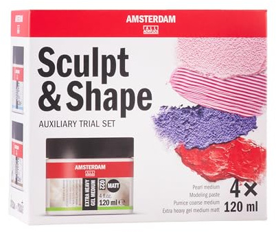 Amsterdam Medium Sculpt and Shape Set | 4 x 120 ml Texturset mit Modellierpaste, Gel, Bimsstein und Perlenmedium | Ideal für Relief, Struktur und 3D-Acryleffekte