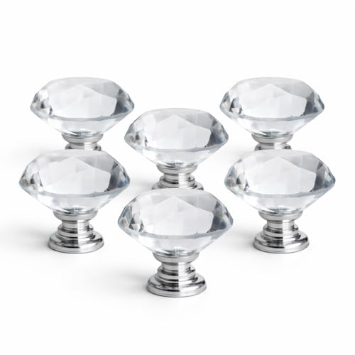 6 Pack Diamond Shape Crystal Glass Cabinet Knobs – Cupboard Drawer Pull Handles – Kitchen Cabinet & Wardrobe Door Hardware – Chrome Base