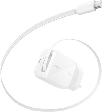 Belkin USB-C Charger Plug 67W with 3.3ft Retractable USB C Cable & USB C Port - GaN iPhone Charger, Fast Charging for iPhone 17 & 16 Series, Galaxy S26 Series, AirPods, Tablet, MacBook, Chromebook