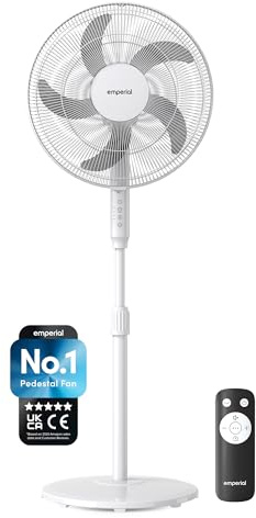 Emperial 16” Pedestal Fan | Standing Cooling Fan with Remote | LED Touch Panel, 3 Speeds, 7 Hour Timer, 85° Oscillation, Adjustable Height, Pivoting Head | Floor Fan for Home, Office & Bedroom
