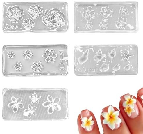 MIRKUZI Chablons et formes pour ongles, Moule à ongles en silicone 5 pièces tampons à ongles en silicone en forme de fleur 3D accessoires de décoration d'ongles à faire soi-même gabarits pour nail art