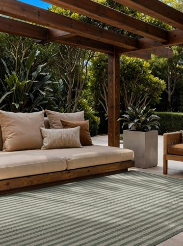 Ted Baker Flachgewebe Teppich Linley - Wendeteppich Outdoor geeignet, Pflegeleichter Wohnzimmerteppich, Modern, Streifen Muster für Wohnzimmer, Terrasse, Esszimmer, Balkon - Grün Weiß, 120x170 cm