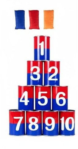 Gralara Throwing Sack Toss Set Child Friendly Tin Can Knockdown Game Family Fun Can Toss Game for Party, Backyard, Red And Blue Double-Sided