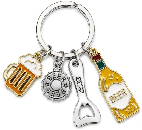 Gauelne Beer Keyring – Alcohol Keychain Bag Charms with Mini Bottle Opener, Bottle Cap, Drink Key Rings Gifts for Beer Lovers, Classmate, Man, Boys and Girls