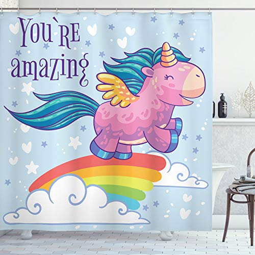 ABAKUHAUS Einhorn Duschvorhang, Pony in The Sky, Stoffliches Gewebe Badezimmerdekorationsset mit Haken, 175 x 180 cm, Hellblau Mehrfarbig
