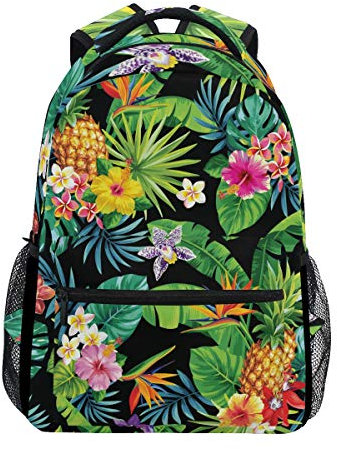 Pineapple Tropical Palm Rucksack Wasserdicht Schule Schultertasche Gym Rucksack Blume Schwarz Obst Laptop Tasche Outdoor Reisetasche für Kinder Jungen Mädchen Damen Herren