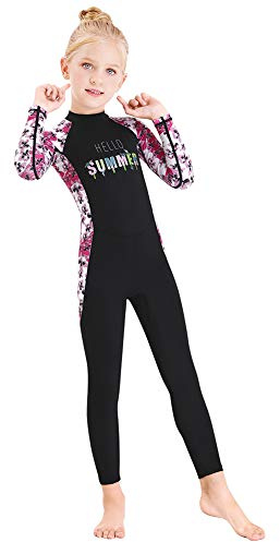 Full Body Kids Swimsuit One Piece Rash Guard Long Sleeve Wetsuit Skin for Girls Boys Children, Sunsuit Swimwear UPF 50+ UV Sun Protection Quick Dry for Beach Water Sports (Flower-Black, XXL)