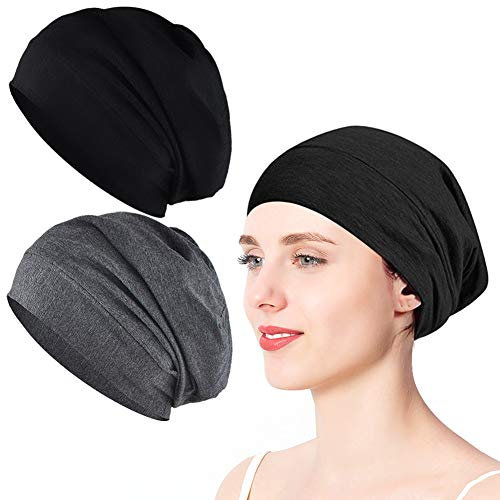 2 Stück Elastic Weiche Beanie Herren Damen, XCOZU Grau und Schwarz Kopfbedeckung Chemo Mütze, Atmungsaktiv Mütze für Frauen Hut Slouch Nachtmütze Schlaf Sommer Sport